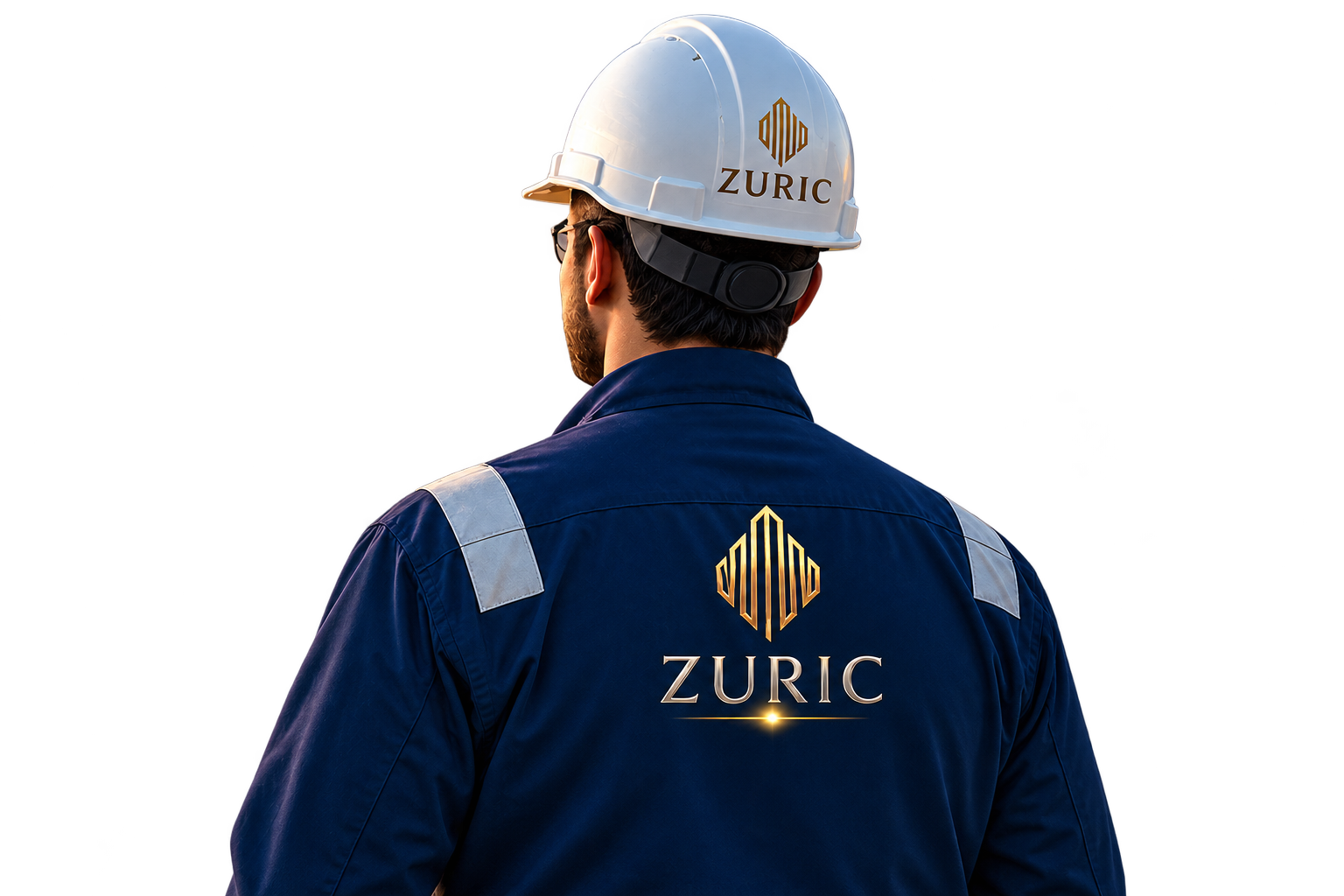 Zuric procurement professional wearing branded workwear and hard hat